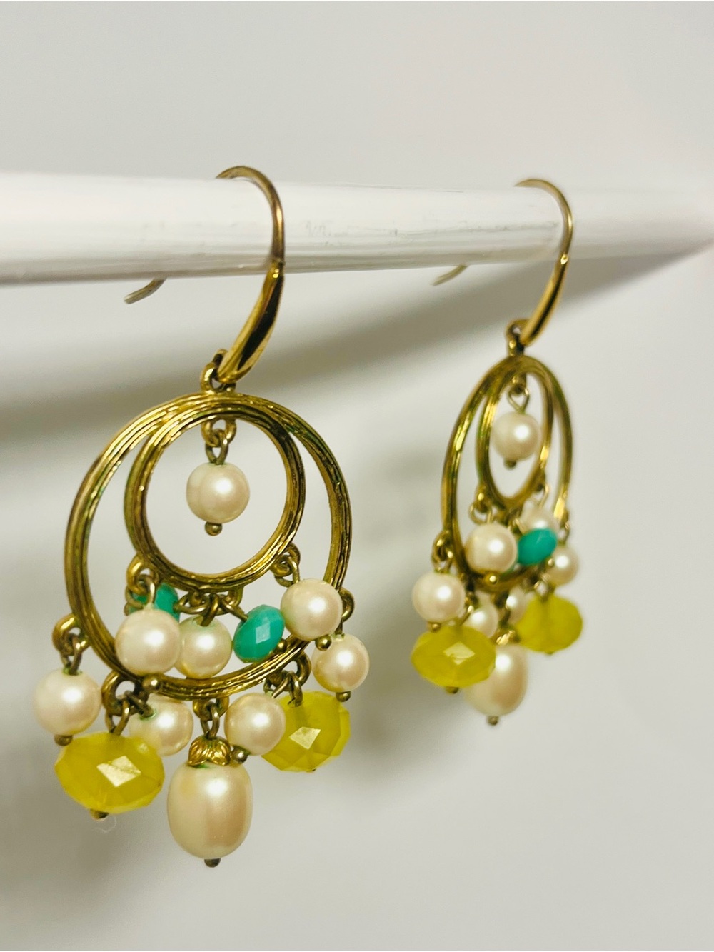 Vintage Double Gold Hoop Chandelier Earrings with Faux Pearls and Green Beads